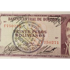 BOLIVIA 1962 . TWENTY 20 PESOS BANKNOTE . ERROR . UPSIDE DOWN SIGNATURES and MORE